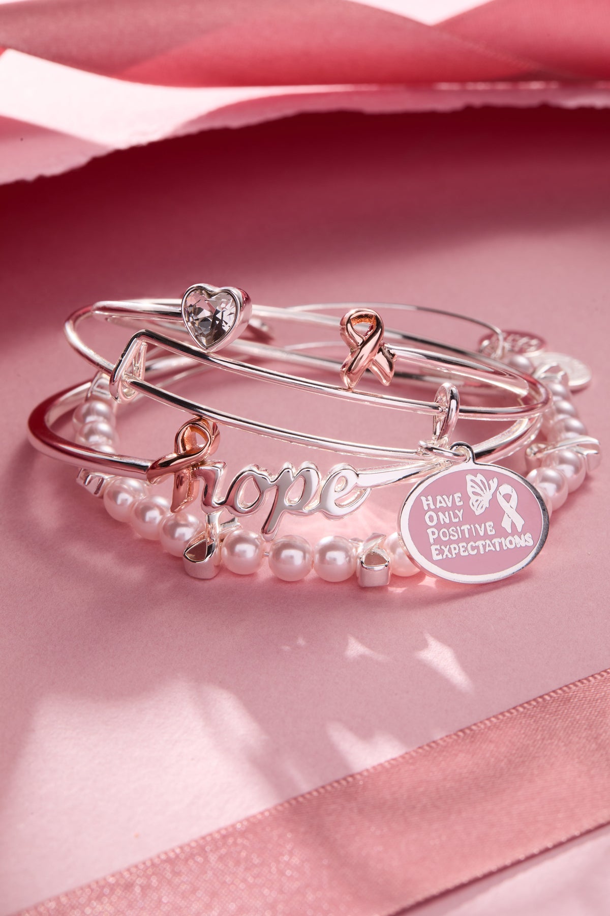 Alex and Ani HOPE Breast Cancer Awareness Pink Ribbon Charm Bangles, Set of 2