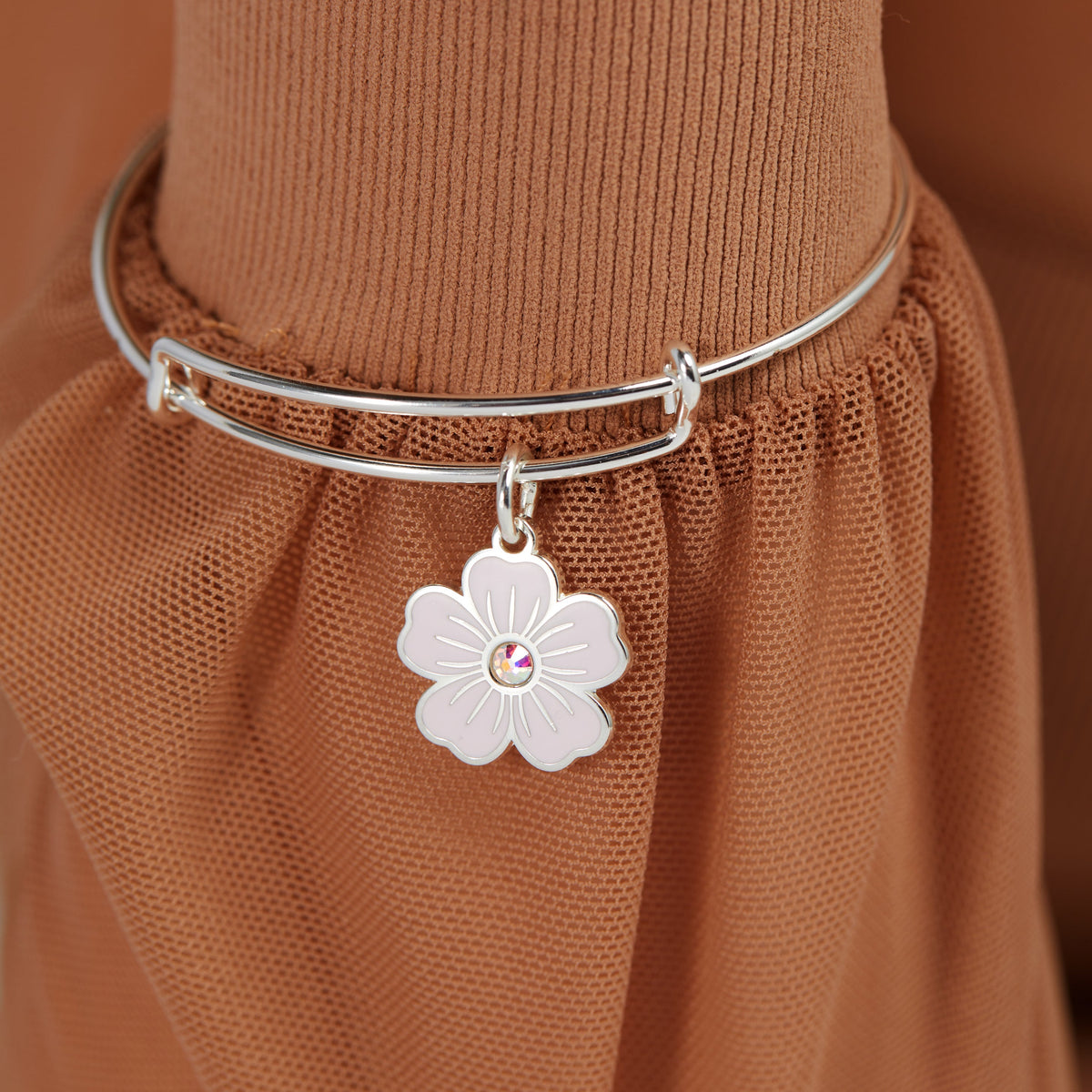 Alex and Ani Pink Pansy and Crystal Charm Bangle Bracelet