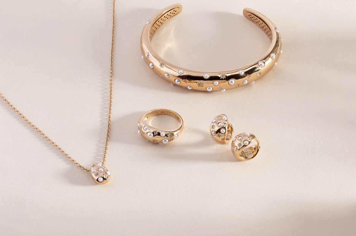 Alex and Ani Pearl and Crystal Huggie Hoop Earrings